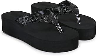 Women's Platform Flip Flops with Glitter Straps, Black, Wedge Thong Sandals Slipper