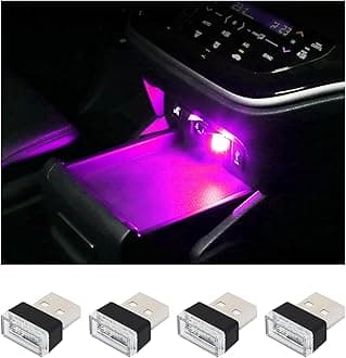 4 PCS USB LED Car Interior Atmosphere Lamp, Plug-in USB Decor Night Light, Portable Auto Ambient Lighting Kit, Universal Vehicle Interior Accessories for Most Cars (Purple)