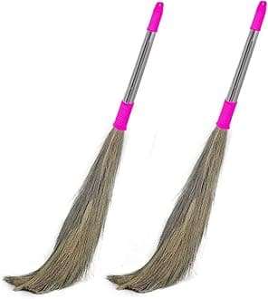 Signamio® Strong Stainless Steel Soft Grass Floor Broom Stick for Cleaning Floor, Kitchen, Gardon - IndoorMIO-Out Door - 2 Pcs (Combo)- Pink - Pack of 2