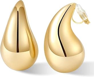 Gold Drop Clip On Earrings Dupes Teardrop Chunky Non Pierced Earring 14K Real Gold Plated Hypoallergenic Lightweight Earrings for Women（Gold and Silver）