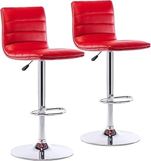 Vogue Furniture Direct PU Leather Bar Stools, Modern Square Adjustable Swivel Barstools with Back, Armless Airlift Counter Height Bar Chairs for Kitchen Dining Set of 2 (Red)