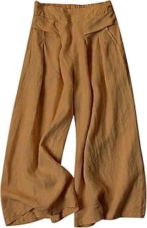 Gihuo Women' s Culottes, Linen Blend, Wide Leg Trousers, Elastic Waist, Casual Palazzo Trousers with Pockets, Capris