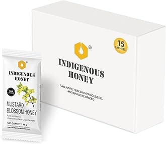 INDIGENOUS HONEY Natural Mustard Honey Organic Raw Pure Unprocessed Added Sugar Free NMR Tested Unpasteurized Unheated 15 Hygienic Sachets 15g Each Total 225g