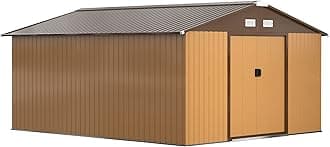 Outsunny 11' x 13' Outdoor Storage Shed, Garden Tool Metal Shed with Foundation Kit, Double Lockable Door, Air Vents and Sloping Roof, for Backyard, Patio, Lawn, Yellow