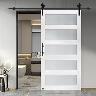 S&Z TOPHAND40 in x 84 in Glass Sliding MDF Barn Door with 6.6FT Sliding Door Hardware Kit, 5 Tempered Frosted Glass, Slab Inside Covered with Water-Proof PVC Surface, Simple DIY Assembly(Big Wheel)