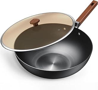 Jobin 32cm/5.2L Wok with Lid Pre-Seasoned Carbon Steel Frying Pan - No Chemical Coated - Large Capacity for Cook Asian Dishes for 4-6 People for Induction, Gas