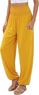 QIANXIZHAN Women's Harem Pants, High Waist Yoga Boho Trousers with Pockets, Yellow, X-Large