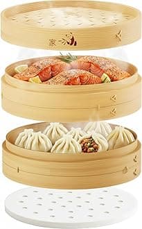 Prime Home Direct Bamboo Steamer Basket 10-inch | 2-Tier Steamer for Cooking | 50 Liners, Chopsticks, Sauce Dish | Dumpling Steamer, Food Steamer Baskets for Cooking - Rice & Vegetable Steamer Pot