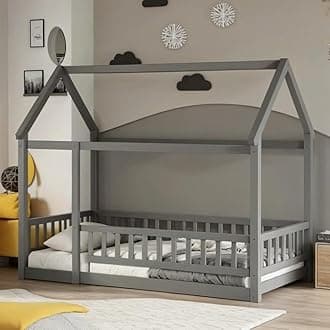 Twin Size Montessori Floor Bed with Roof & Fence Guardrails for Boys Girls Bedroom,Twin Size Floor Wooden Bed Frame,Easy Assemble,No Box Spring Needed, Gray