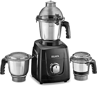 Sujata MG02 Mixer Grinder|1000 Watts Double Ball Bearing Motor|24000 RPM|Non-Stop 90 Mins Running|3 Food Grade Steel Jars including 1500ml Multipurpose, 1000ml Grinder, 500ml Chutney Jar| (Black)