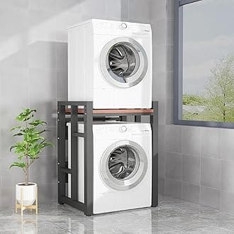 Thicked Steel Washer Dryer Stacking Rack Stand, Wooden Standing Washer Dryer Machine Rack Shelf Stackable Washing Machine Shelf Heavy Duty Space Saving for Laundry Room Bathroom