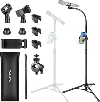 Dual-use Tripod Microphone Stand with Phone Holder Gooseneck Floor Mic Stand Portable with Carrying Bag and 2 Mic Clips for Singing Performance Wedding Stage Meeting Live CY0312