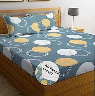 BSB HOME Premium Cotton Elastic Fitted Bedsheets with 2 King Size Pillow Covers | Double Bed with All Around Elastic 180 TC Supersoft | Size - 72 King Sizex78+10 inches | Grey and Light Blue