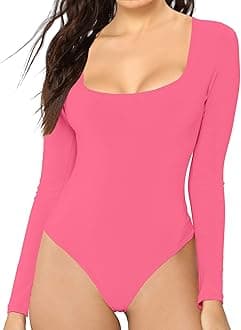 MANGDIUP Women's Essential Bodysuit - Scoop Neck Long Sleeve Slim Fit Stretch Cotton Spandex Jumpsuit