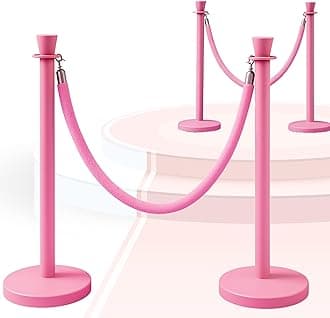 Velvet Pink Stanchion Set – 4 Stanchion Posts and 2 Pink Ropes Crowd Control Rope Safety Barriers Kit for Events Weddings Red Carpet Poles Ropes Set