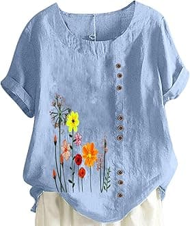 Women Floral Print Linen Shirts Short Sleeve Gauze Tops Loose Fit Cotton Blouses Trendy 2024 Clothing
