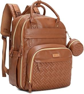 Leather Diaper Bag Backpack - Baby Essentials Travel Baby Bag, Multi function, Water Resistant, with Changing Pad, Stroller Straps & Pacifier Case – Unisex, Natural Brown