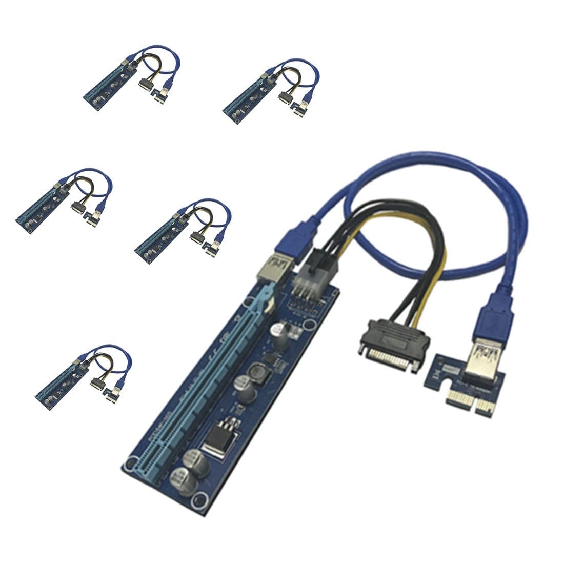 KECAG PCI-E Riser Adapter Card Powered PCIe 006C 007 16x to 1x w/60cm USB 3.0 Extension Cable & 6-Pin PCI-E to SATA （6 Packs）