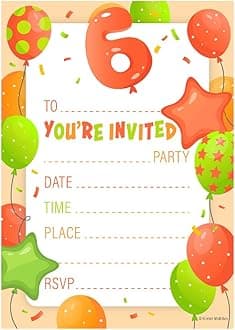 32 Orange Age 6 Birthday Party Invitations for Kids with Envelopes - Pack of 32 Balloon Party Invites for Girls & Boys - Designed and Printed in the UK