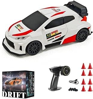 1/43 RC Drift Racing Car with Gyro, 4WD Fully Proportional Mini Electric Race Vehicle with LED Lights Remote Control High Speed Car for Adult Outdoor - Ready to Run (Gyro White)