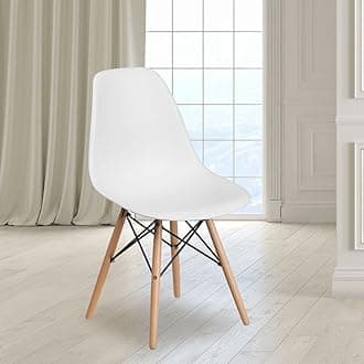 Flash Furniture Elon Series Plastic Chair with Wood Base, Metal, White, 58.42 x 50.8 x 48.26 cm