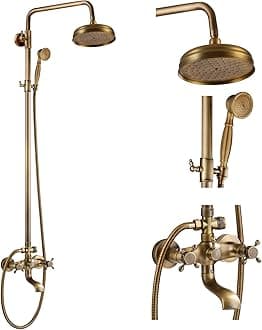 gotonovo Antique Brass Shower Fixture 8 Inch Rainfall Shower Head with Handheld Spray Dual Knobs Mixer Bathroom Triple Function Double Knobs Shower Combo Set Wall Mount