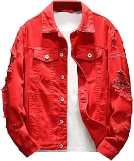 Men's Distressed Denim Jacket Casual Ripped Holes Button Down Trucker Jacket Jean Coat