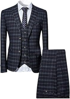 CloudstyleMens 3 Piece Slim fit Checked Suit Blue/Black Single Breasted Vintage Suits