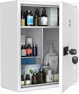 Uniclife Wall Mount Medicine Cabinet with Combination & Key Lock Locking First Aid Cabinet Lockable Medical Cabinet Large Capacity Medicine Organizer Secure Steel Wall Cabinet Metal Storage Box, White
