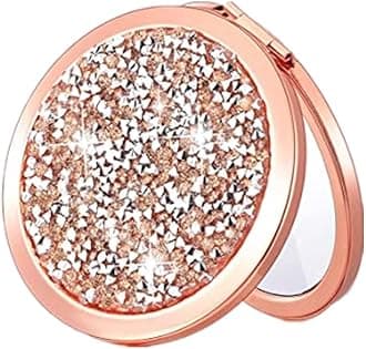 Magnifying Rose Gold Compact Mirror - Mix Diamond Mirror 1x/2x Magnification Travel Makeup Mirror,Double Sided Small Pocket Mirror,Folding Purse Mirror,Cosmetic Mirror for Gift