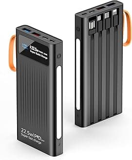 Portable Charger with Built in Cables,10000mAh Power Bank with LED Lamp Fast Charging 3.0 USB C Extennal Battery Backup Power Pack with LED Display for iPhone, Samsung and Cell Phones (Black)