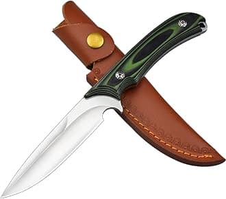 AUBEYFixed Blade Knife, 440 Stainless Steel Blade Full Tang Knife with Leather Sheath G10 Handle, Camping Hunting Knives for Outdoor, Survival, Bushcraft, Hiking (Green&Black)