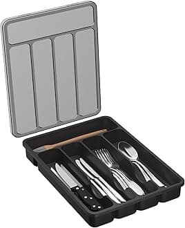 Lifewit Cutlery Tray with Lid, Cutlery Storage Box for Kitchen Drawer and Countertop, Utensil Flatware Silverware Holder Divider for Spoons Forks Knives Tableware, 5 Compartment, Black