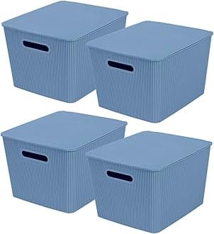 Glad Storage Baskets with Lids - Set of 4 Stackable Plastic Boxes with Handles - Decorative Shelf Organizer Bins for Bathroom and Closet, Blue, 4.7 Gallon
