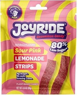 Joyride Sweets Sour Pink Lemonade Strips, 3.5oz, Sour Gummy Candy, Gummy Strips, 80% Less Sugar, Plant Based Candy