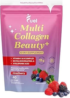 Fuel Multi Collagen Peptides Powder – 11g Hydrolyzed Collagen Types I, II, III, V & X – Hair, Skin, Nails & Joint Support – Keto & Gluten Free – Mixed Berry – 40 Servings (9.59oz)