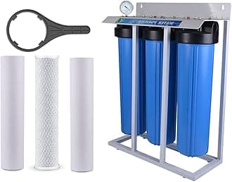 Puri Pro Jumbo Whole House Main Line Water Filtration System Big Blue Housing 1 Inch Connection with Wrench 10 Inch x 4.5 Inch (20 Inch - Triple)