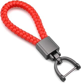 Universal Red Leather Car Fob Keychain Metal Keyring Woven Strap Braided Rope Key Chain for Men and Women - Matte Black Color, with 360 Degree Rotatable D-ring and Screwdriver