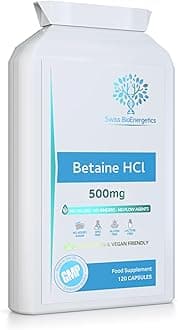 – Betaine HCl 500mg per Capsule - 120 Vegan Capsules | High Strength Betaine Hydrochloride | No fillers, No Binders & No Flow Agents | Non-GMO, Gluten Free & SOYA Free | Made in The UK