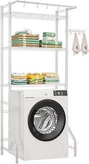 Over The Washer and Dryer Storage Shelf, 3 Tier Laundry Room Drying Rack with Hanger Rod and Hooks, Adjustable Over Washer and Dryer Shelves, Laundry Room Shelf Storage Space Saver, White