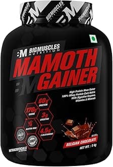 Bigmuscles Nutrition Mamoth Gainer Powder [Belgian Chocolate, 3Kg]|High Protein Muscle Mass & Weight Gainer|With Vitamins & Minerals, Creatine & Digestive Enzymes, 3000 Grams