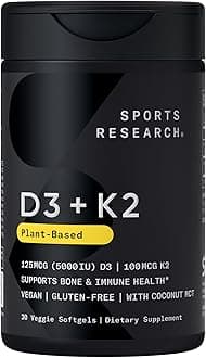 Vitamin D3 + K2 w/Coconut Oil - Vegan Vitamin D 5000iu (125mcg) & Mk7 Vitamin K 100mcg for Bone & Immune Support - Vegan Certified · Non-GMO · Soy Free - 30 Softgels