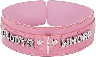 paloli Women Pink Leather Choker Necklace, Punk Gothic Black Fluffy Name Letters Collar Leash Neck Jewelry