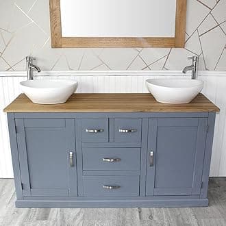 Wooden Bathroom Vanity Unit with 2 Ceramic Basins - Modern Bathroom Sink Cabinet with Drawers - Double Vanity Unit with Chromed Mixer Taps - Grey Painted - Oval Bowl (603GCB027X2)