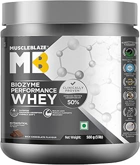 MuscleBlaze Biozyme Performance Whey Protein Powder, Rich Chocolate (500g / 1.1lbs) | 25g Protein Per Scoop | Clinically Tested 50% Higher Protein Absorption