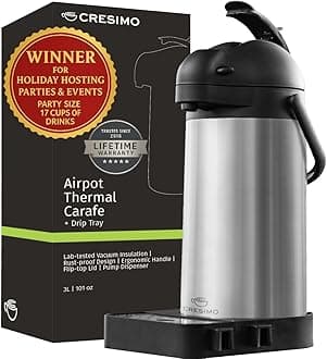 Airpot Coffee Dispenser with Pump & Tray - 102oz/3L Coffee Carafe with Pump - 12 Hours Hot Drink Dispenser for Parties - Stainless Steel Thermal Carafe for Hot Cocoa Bar -Easy-to-Use Insulated Pitcher