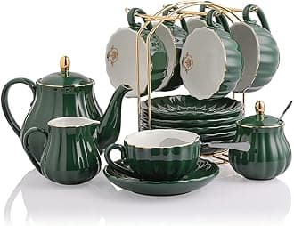 British Royal Porcelain Tea Set, 8 OZ Cups & Saucer Service for 6, with Teapot, Sugar Bowl, Creamer, Pitcher & Teaspoons, High Tea, Wedding, Party (Jade)