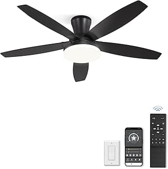 ZMISHIBO 48 inch Ceiling Fans with Lights and Remote/APP Control,Black Low Profile Ceiling Fan with Light,Quiet DC Motor,LED Dimmable, Modern Flush Mount Ceiling Fan for Bedroom Indoor/Outdoor Patio