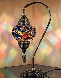 DEMMEX Turkish Moroccan Mosaic Table Lamp–Handcrafted Tiffany-Style Colorful Glass Swan Neck Bedside, Desk Light, Boho Artisan Accent Lighting for Bedroom, Living Room–38cm H, Multicolor