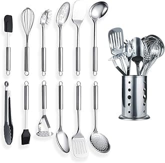 Berglander Cooking Utensil Set, 13 Piece Stainless Steel Kitchen Tool Set with Holder, Cooking Spoon, Spatula, Whisk, Cooking Tongs and More (13 Pieces)
